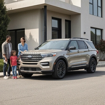 2026 Ford Explorer parked outside a modern home with a family standing next to it, lifestyle photography