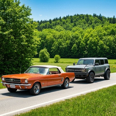 Classic Ford Mustang with modern Ford Bronco side-by-side on a scenic road