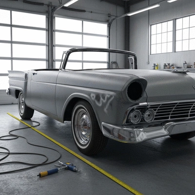 Classic Ford car undergoing restoration in a professional garage, tools visible, focused on bodywork