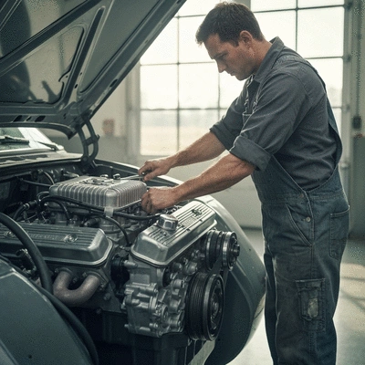Enthusiast working on a classic Ford engine, tools scattered around, in a well-lit garage, no text, no words, no typography, clean image