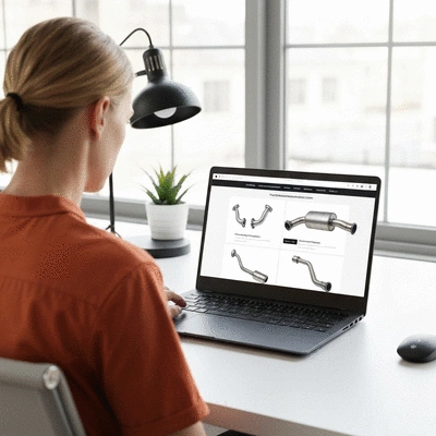 Person browsing performance exhaust systems on an e-commerce website on a laptop, modern desk setup, no text, no words, no typography, 8K, natural lighting